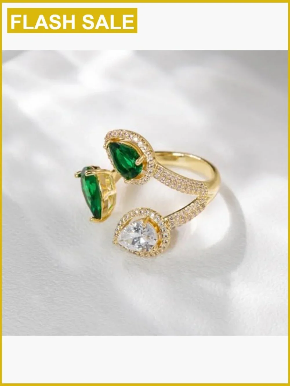 18K Gold Plated Pear-Shaped Statement Ring, Adjustable CZ Ring, Non-Tarnish